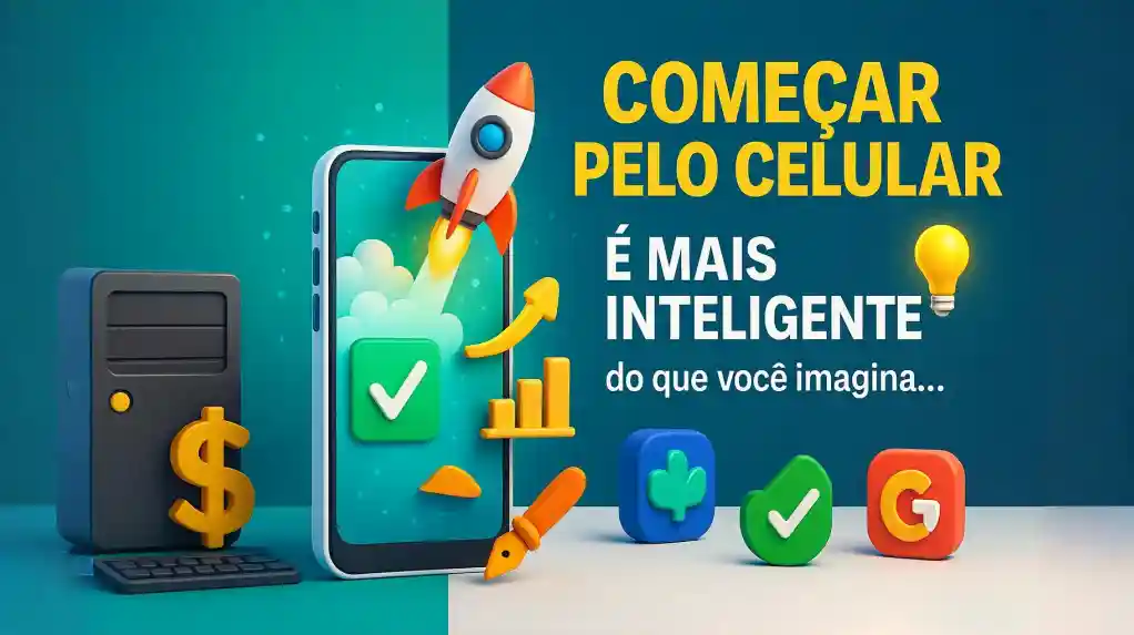 comecar-pelo-celular-e-mais-inteligente-do-que-parece Imagem 3D mostrando um smartphone gigante como portal digital com ícones de monetização, conteúdo e comparação entre computador e celular