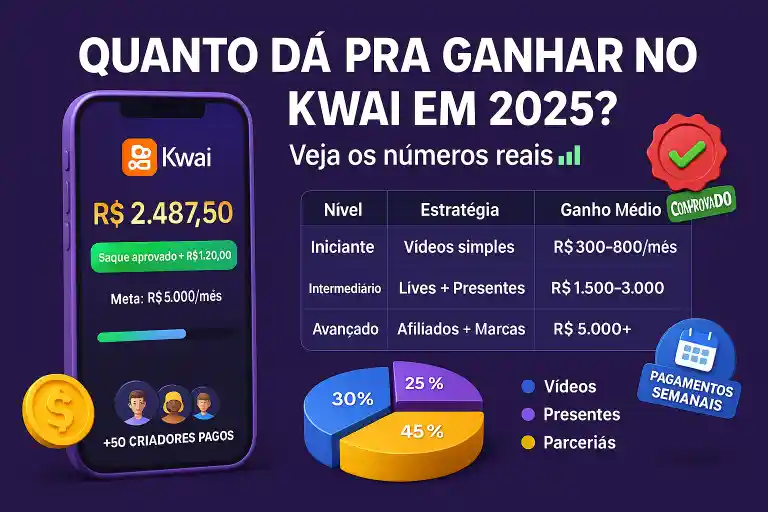 quanto-ganhar-no-kwai-2025 "Infográfico realista em 3D mostrando quanto se pode ganhar no Kwai em 2025, com dados por nível e smartphone exibindo saldo de R$ 2.487,50."