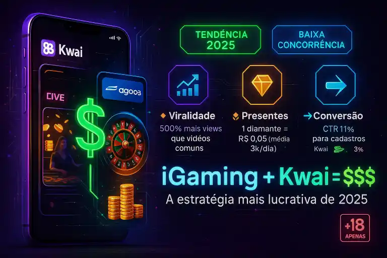 kwai-igaming-estrategia-2025 "Infográfico em estilo cyberpunk mostrando a fusão entre iGaming e Kwai com dados de ganhos, live de cassino, roleta, presentes dourados e indicadores de conversão."