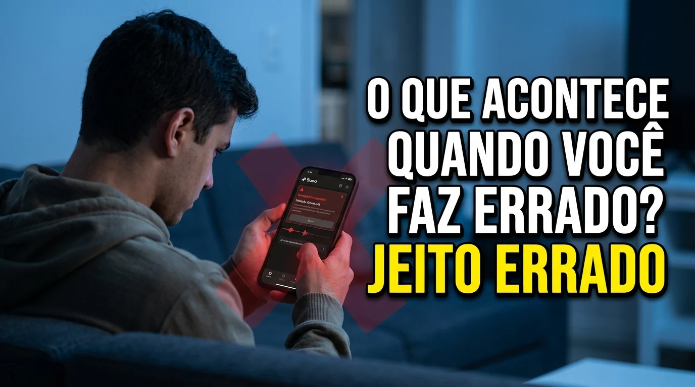 Usuário visualizando aviso de bloqueio na geração do Suno AI ao usar a plataforma de forma incorreta.