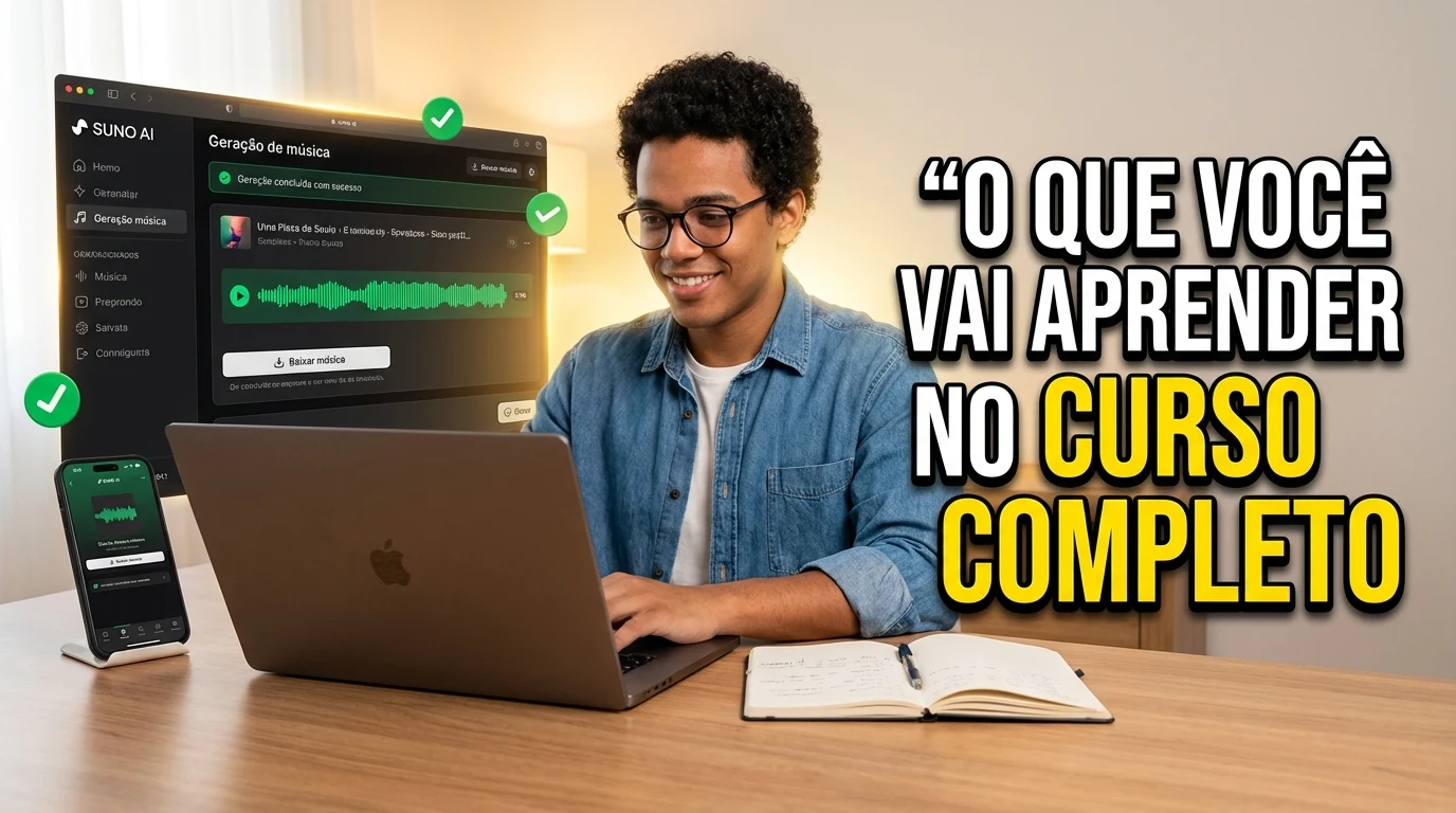 Usuário aprendendo a usar o Suno AI com geração de música concluída e painel completo visível no notebook.