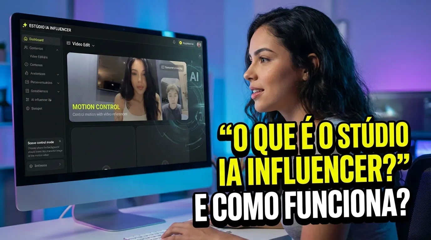 Mulher utilizando o AI Influencer Studio no computador com foto de influenciadora virtual exibida na interface.
