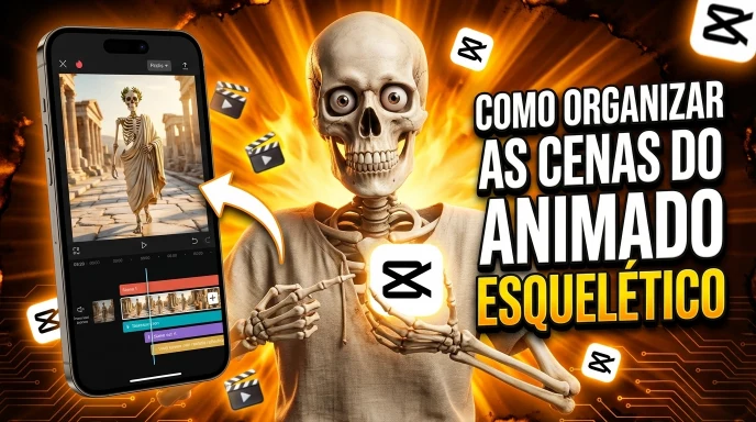 COMO-ORGANIZAR-AS-CENAS-DO-ANIMADO-ESQUELETICO: Ilustração de um esqueleto segurando o logotipo do CapCut, com fundo roxo e detalhes coloridos. O texto sobreposto diz: "Pacis: Como organizar as cenas do animado esquelético". Ideal para tutorial sobre edição de vídeo animado esquelético no CapCut.