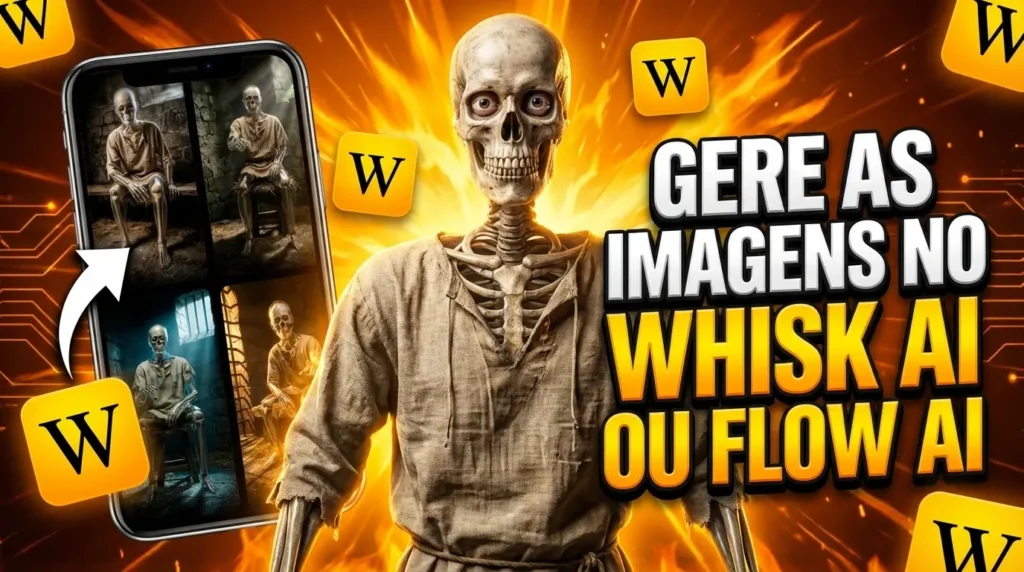Vídeo animado esquelético Thumbnail mostrando um esqueleto hiper-realista vestindo túnica de linho bege, com olhos humanos realistas, posicionado no centro da imagem. À esquerda, um celular exibindo imagens geradas por IA de esqueletos em masmorra. Ao fundo, explosão de chamas douradas e laranjas. Ícones do Whisk AI (quadrado amarelo com W preto) espalhados. Texto em português: "GERE AS IMAGENS NO WHISK AI OU FLOW AI".