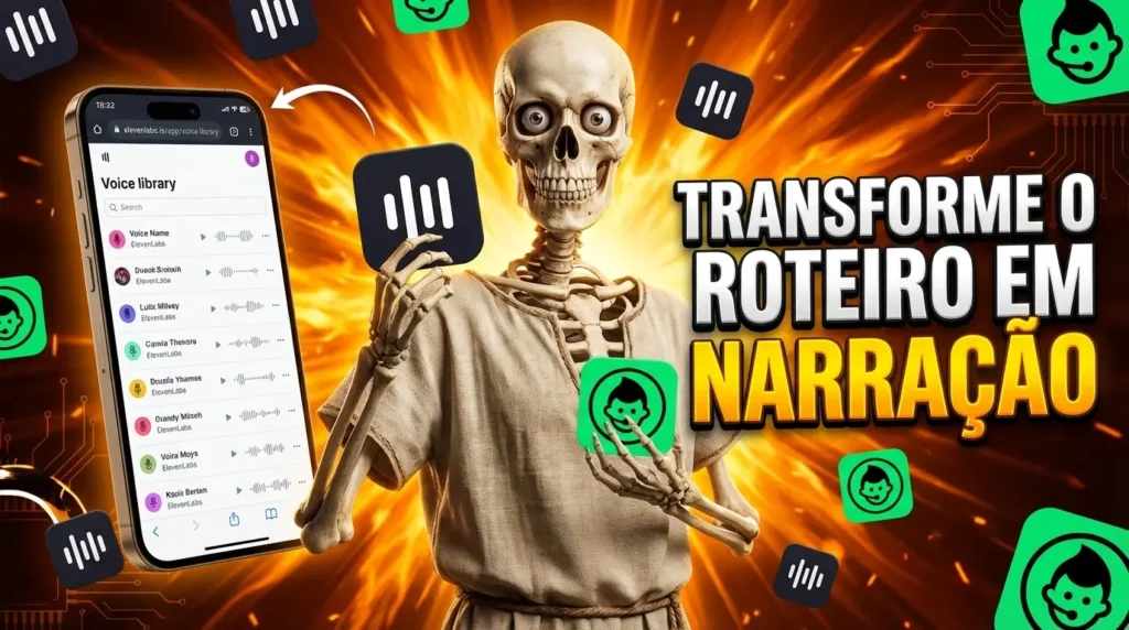 Vídeo animado esquelético Thumbnail do YouTube com esqueleto 3D hiper-realista vestindo túnica de linho bege, segurando o ícone do ElevenLabs (quadrado preto com ondas de áudio brancas) na mão direita e o ícone verde com rosto de personagem na mão esquerda. À esquerda, celular exibindo a interface da biblioteca de vozes do ElevenLabs. Ao fundo, explosão de chamas douradas e laranjas com raios de luz. Ícones do ElevenLabs e do app verde espalhados. Texto em português: "TRANSFORME O ROTEIRO EM NARRAÇÃO".
