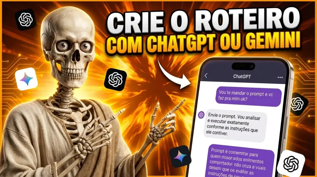 Vídeo animado esquelético Thumbnail do YouTube com esqueleto 3D hiper-realista vestindo túnica de linho bege, com olhos humanos realistas, posicionado no lado esquerdo gesticulando com as mãos. À direita, celular exibindo conversa no ChatGPT com bolhas de mensagem roxas e brancas. Ao fundo, explosão de chamas douradas e laranjas com raios de luz e padrão de circuito tech nas bordas. Ícones do ChatGPT e Gemini espalhados. Texto em português: "CRIE O ROTEIRO COM CHATGPT OU GEMINI".