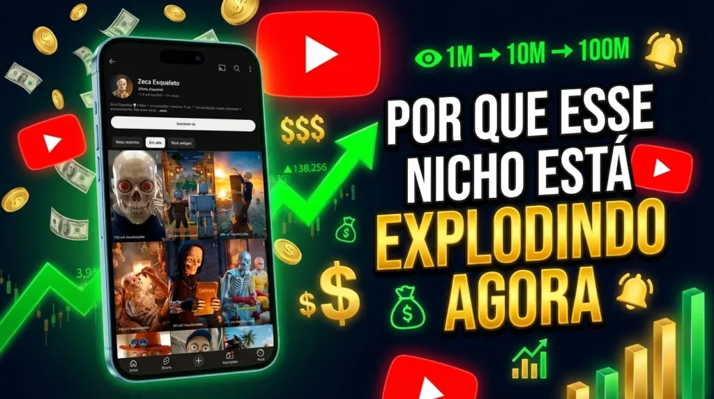 Vídeo animado esquelético Thumbnail do YouTube sem personagens, mostrando um smartphone moderno com a tela exibindo o canal "Zeca Esqueleto" no YouTube, com grid de thumbnails virais de esqueleto 3D cinéticas visíveis na tela. Fundo escuro com moedas douradas caindo, notas de dólar voando, seta verde gigante subindo, gráficos de barras douradas e verdes crescendo, ícones do YouTube em vermelho espalhados, símbolo $$$ dourado e sacos de dinheiro verdes. Texto em português em destaque: "POR QUE ESSE NICHO ESTÁ EXPLODINDO AGORA" com contador de views "1M → 10M → 100M" em verde.