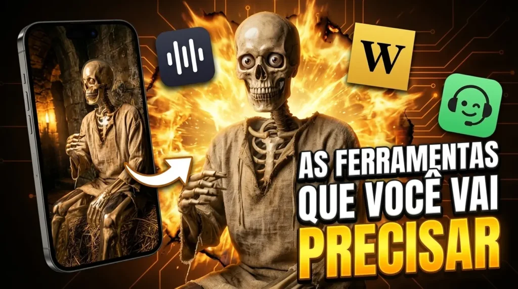 Vídeo animado esquelético Thumbnail do YouTube com esqueleto 3D fotorrealista usando túnica de linho bege rasgada, sentado em posição expressiva com mãos gesticulando, olhos realistas olhando para a câmera. À esquerda, celular exibindo imagem do esqueleto em masmorra medieval com luz de vela. Fundo com explosão de fogo dourado e laranja. Ícones flutuantes: ElevenLabs (quadrado escuro com ondas de áudio brancas), Whisk AI (quadrado amarelo dourado com letra W preta serifada) e ícone verde com rosto de headset. Texto em português: "AS FERRAMENTAS QUE VOCÊ VAI PRECISAR".