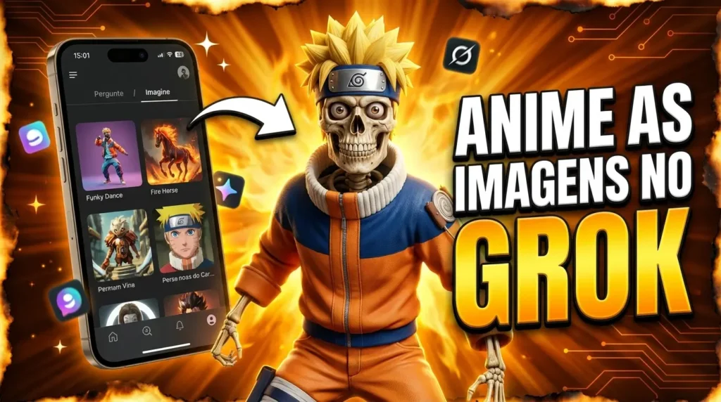 Vídeo animado esquelético Thumbnail do YouTube com esqueleto 3D fotorrealista vestindo o traje laranja e azul do Naruto Uzumaki, com cabelo spiky loiro e bandana azul de Konoha na testa. Mãos esqueléticas visíveis saindo das mangas da roupa. À esquerda, celular exibindo o app Imagine AI com grid de imagens geradas por IA incluindo "Funky Dance", "Fire Horse" e personagens anime. Fundo com explosão de fogo dourado e laranja, bordas escuras chamuscadas, linhas de circuito laranja nos cantos. Ícones do app Imagine flutuando ao redor. Texto em português em destaque: "ANIME AS IMAGENS NO GROK".