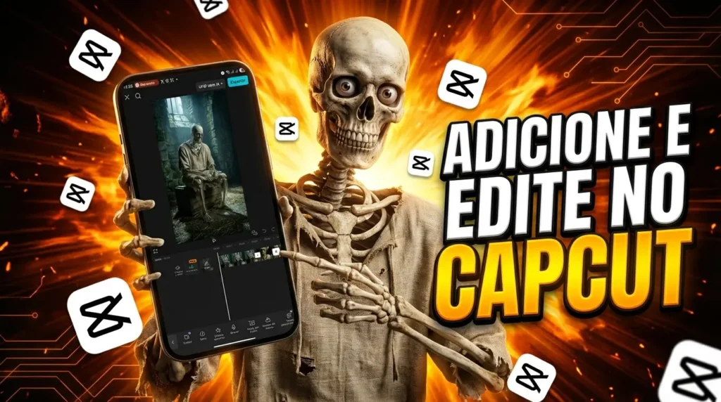 Vídeo animado esquelético Thumbnail do YouTube com esqueleto 3D fotorrealista usando túnica de linho bege rasgada, segurando um smartphone com mãos esqueléticas mostrando a tela do CapCut para a câmera. Tela do celular exibe o editor de vídeo CapCut com esqueleto sentado em masmorra sendo editado na timeline, interface escura com botão "UHD com IA" visível. Fundo com explosão de fogo dourado e laranja com raios saindo do centro. Ícones do CapCut (X branco em fundo branco arredondado) espalhados ao redor em vários tamanhos e ângulos. Linhas de circuito laranja nos cantos. Texto em português: "ADICIONE E EDITE NO CAPCUT".